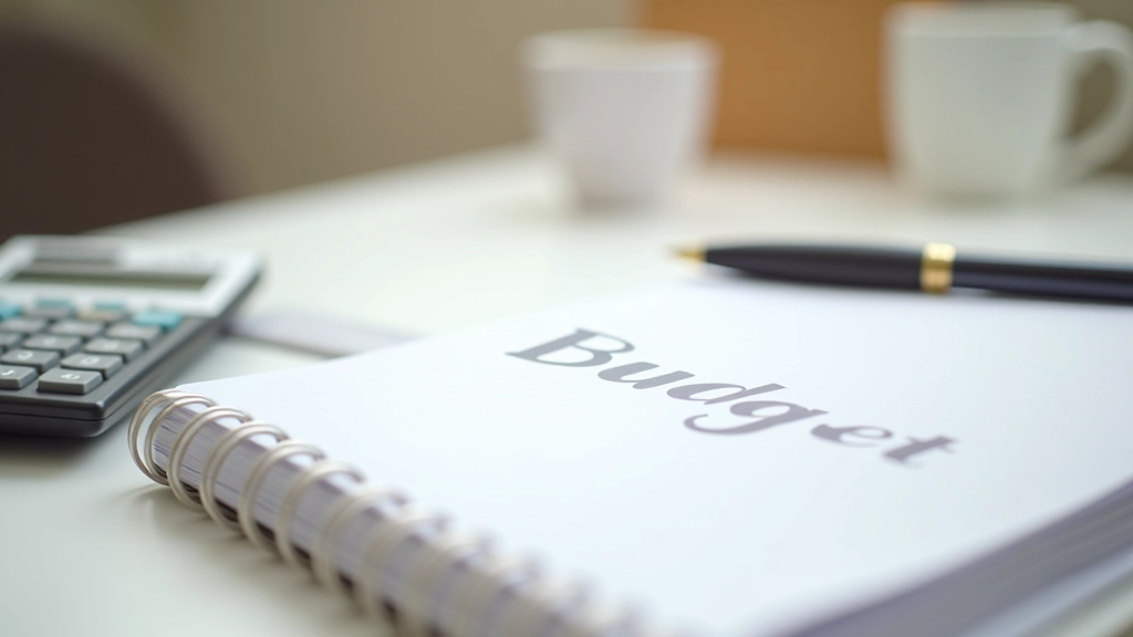 Carnet de budget avec stylo et calculatrice sur un bureau organisé