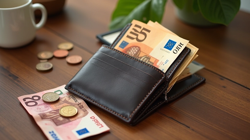 Portefeuille ouvert sur un bureau avec des billets et pièces de monnaie