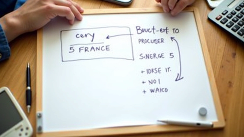 Tableau blanc avec diagramme budgétaire écrit à la main, stylo et calculatrice à proximité
