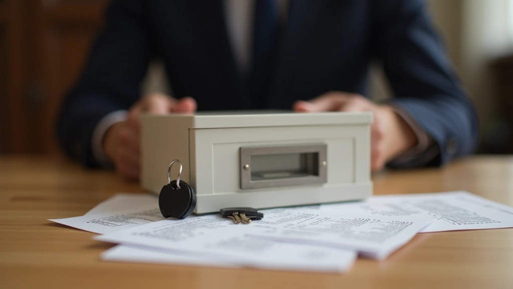 Clés de coffre-fort et documents d'assurance bancaire sur un bureau en bois