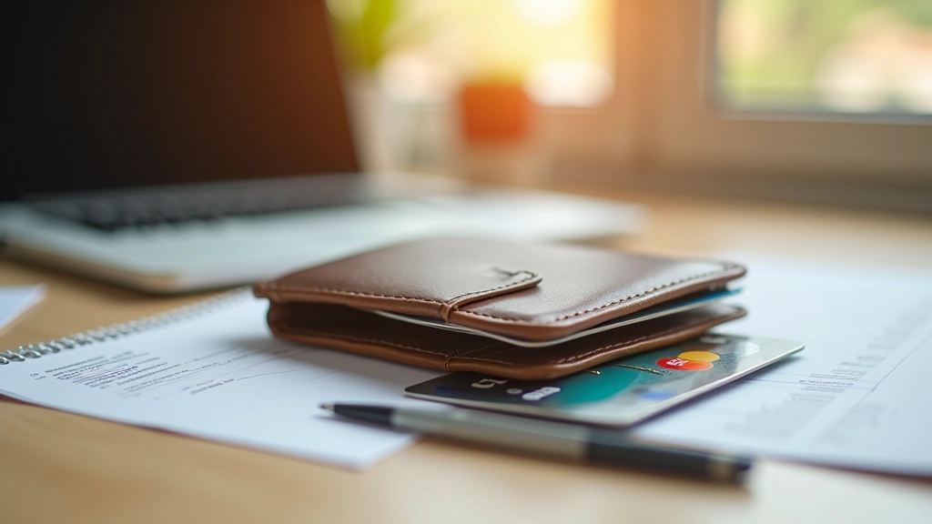 Portefeuille avec cartes bancaires et documents financiers sur un bureau moderne