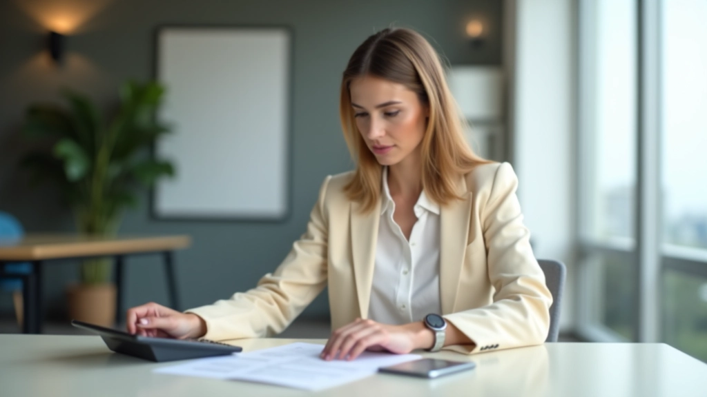 Véronique Deschamps travaillant à son bureau, environnement de travail professionnel avec documents sur les finances et l'épargne, lumière naturelle, focus net
